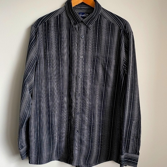 Arnold Palmer Men's Black Long Sleeve Button Up Shirt Line Patterned Size Large - Picture 1 of 12